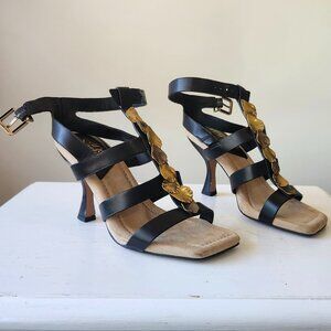 Franco Sarto Black Strappy Dress Heels Gold Leaf Detail Women’s Size 5.5